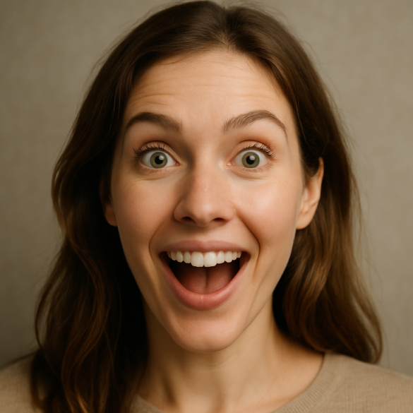 A woman is happily surprised