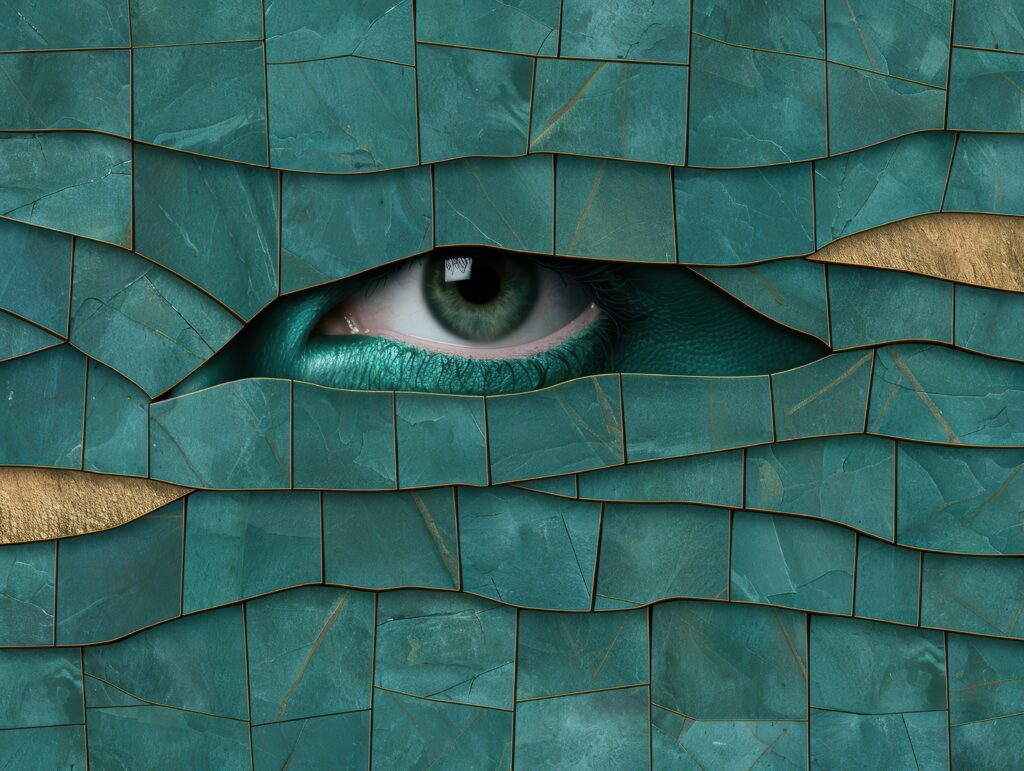 Emerald eye peering through cracked glass 