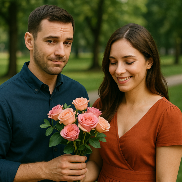 A man hands a bouquet of pink and peach roses to a smiling woman in a park, his expression slightly tense despite the seemingly happy moment.