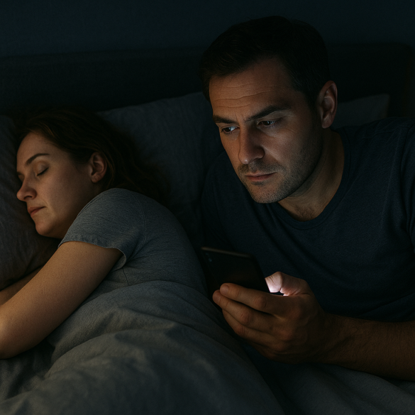 A man lies in bed at night texting on his phone, glancing cautiously at the woman sleeping with her back turned beside him.