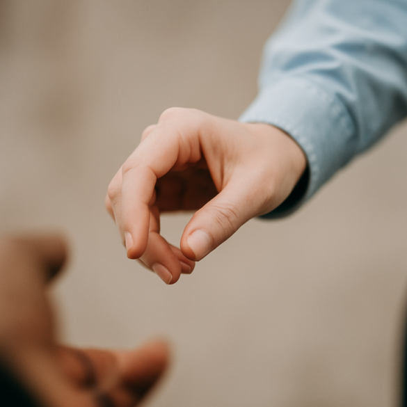 A close-up of a hand reaching forward against a soft, blurred background.