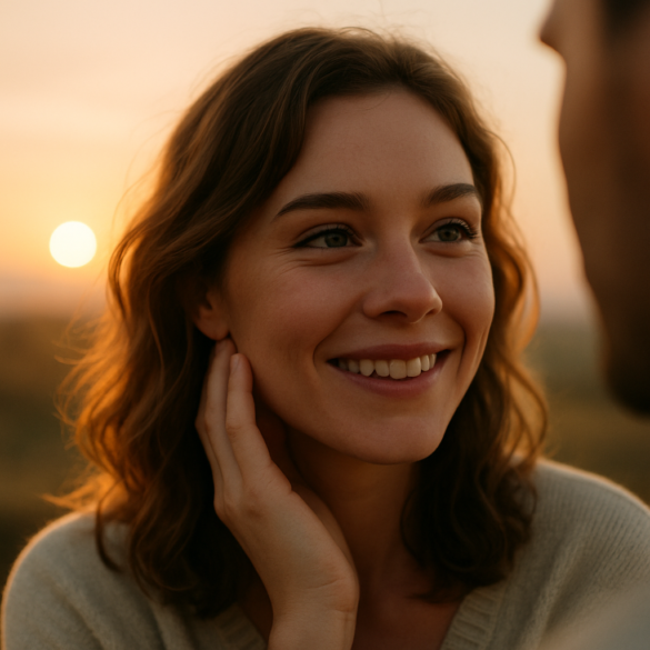 Smiling young woman in warm sunlight, looking hopeful and happy during love bombing in a narcissistic relationship.