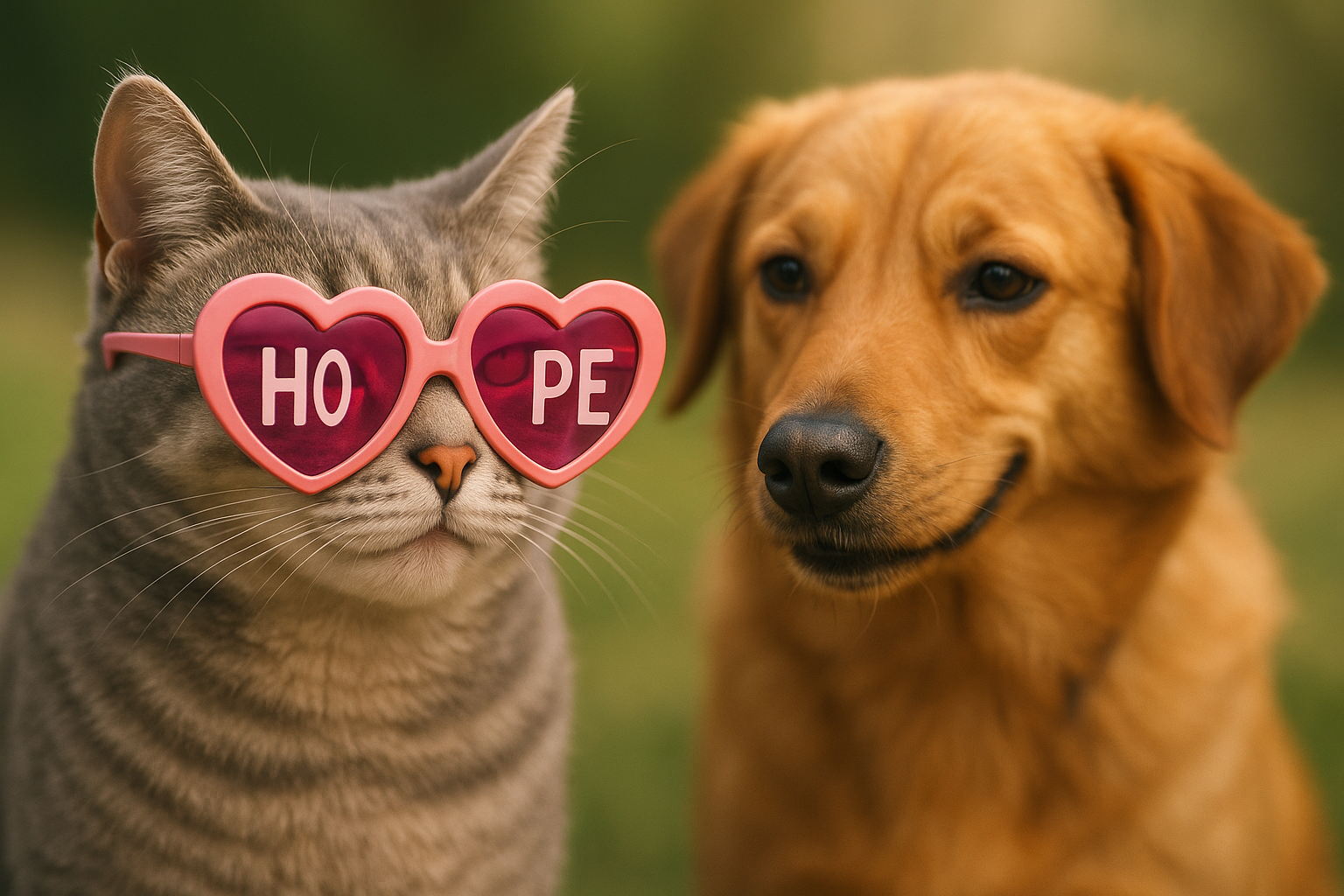 The cat is wearing pink sunglasses with the word "hope" on them, while the dog is smiling slyly.
