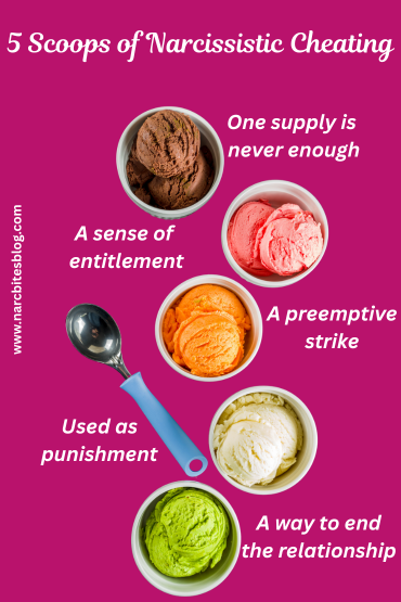 Five colorful ice cream scoops in bowls illustrate the five reasons narcissists cheat: constant need for supply, preemptive control, entitlement, punishment, and exit strategy.