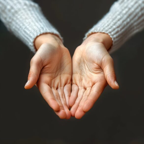 Two large, open hands are holding each other,