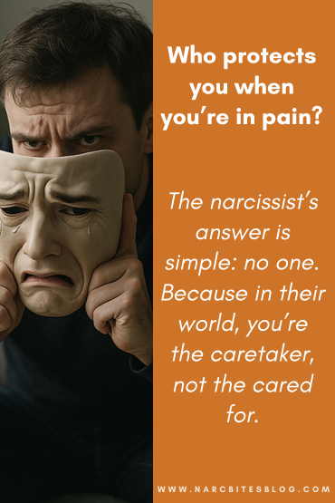 A man holds a crying mask, but behind it his gaze is sly.










