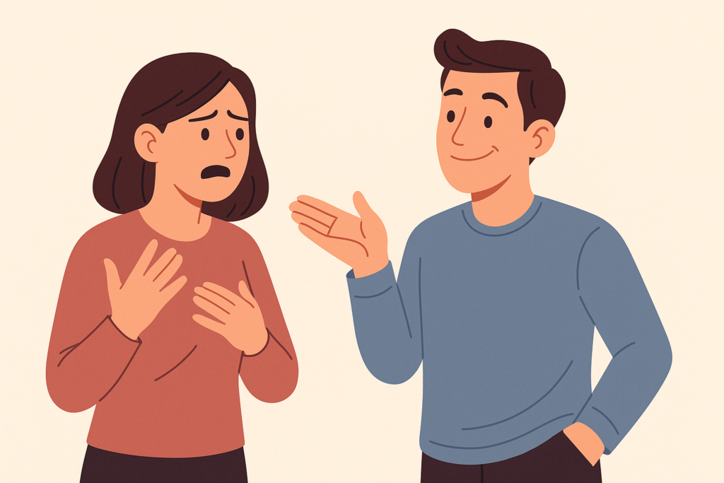 A flat-style digital illustration shows two people talking. On the left, a woman looks distressed with furrowed brows and hands on her chest as if explaining something painful. On the right, a man shrugs casually with a slight smile, one hand raised in a dismissive gesture, conveying indifference and minimization. The background is a soft beige tone.