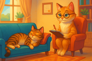 Two  cats in a therapy session: one lounges on a teal couch, the other takes notes in an armchair. The room is warm, bright, and cozy.