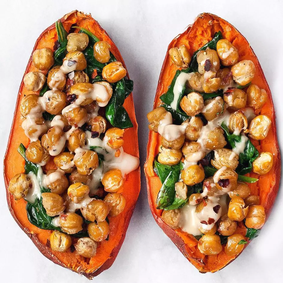 Stuffed Sweet Potato with Crispy Chickpeas, Spinach and Tahini