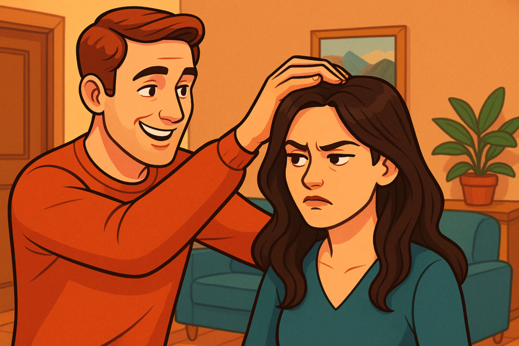 The narcissistic man is adjusting his female partner’s hair.