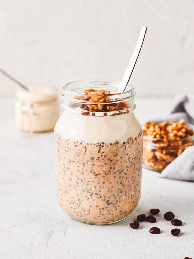 Chia-packed, tiramisu-flavored overnight oats in a jar.