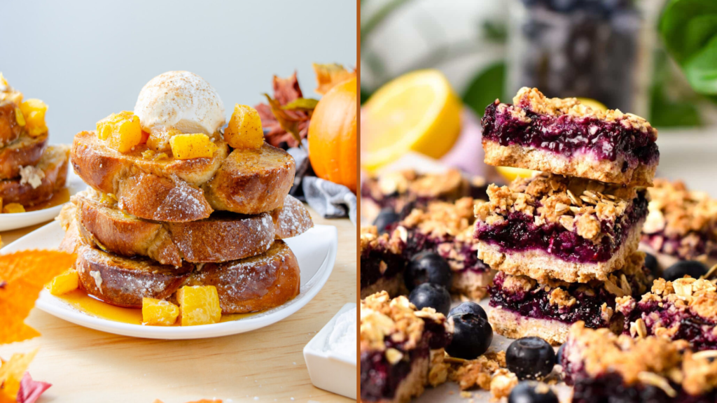 On the left side of the picture, pumpkin French toast; on the right side, vegan raspberry oatmeal bars.
