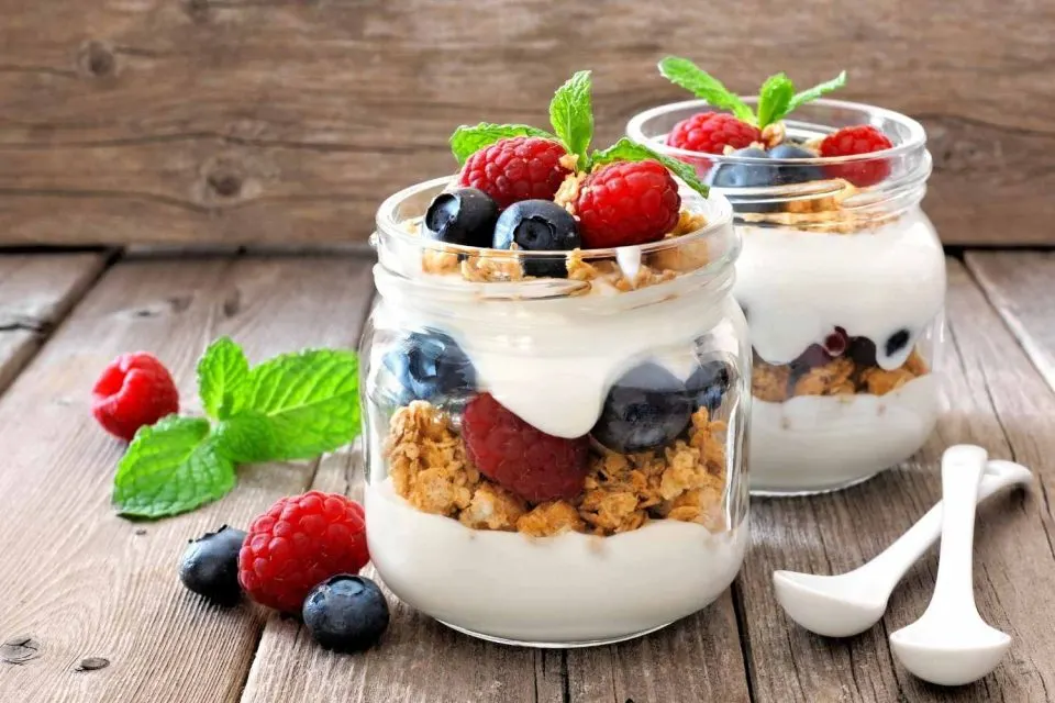 Greeak Yogurt Parfait with Fruits and Granola in Jar